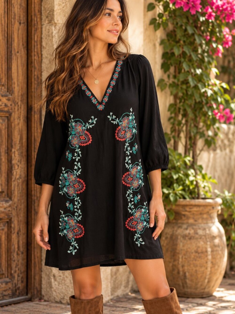 Entro Dress M Black Embroidered Floral Tunic Boho VNeck Festival Western